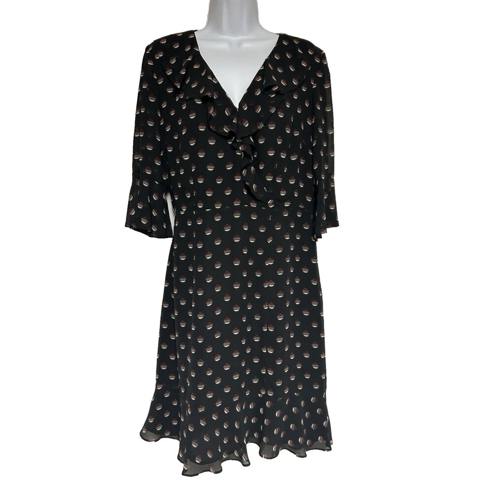 Ann Taylor Loft V Neck Ruffle Black Sheer Lined Polka Dot Dress Women's Size 8
